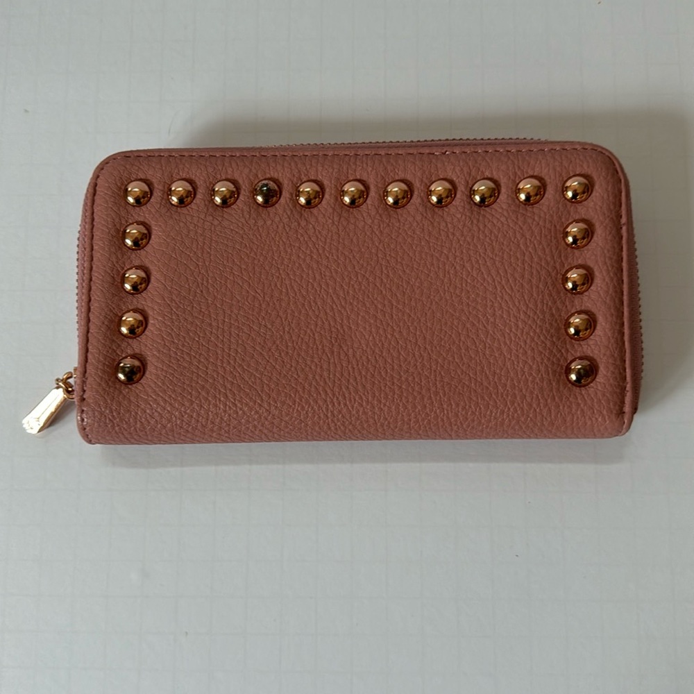 Charming Charlie Wallet Pink Faux Pebbled Leather Rose Gold Studs